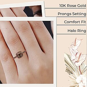 Luxoro Natural Champagne Diamond 1.00 ctw Ring, 10K Rose Gold Ring, Natural Champagne Diamond Cushion Shape Ring, Halo Ring, Wedding Ring, Engagement Ring (Size 6.00)