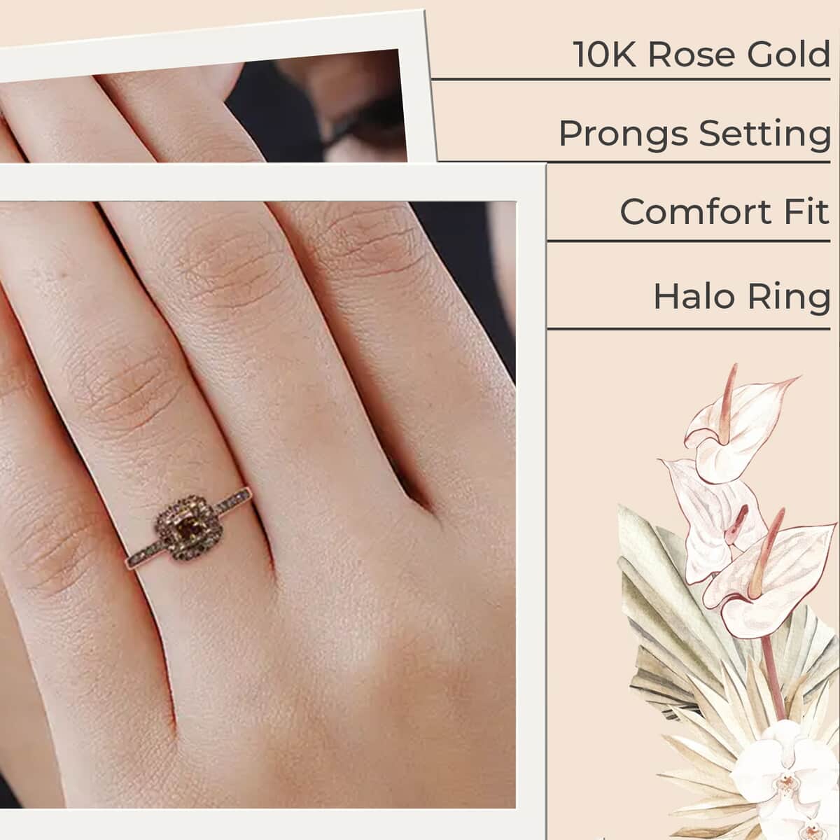 Luxoro Natural Champagne Diamond 1.00 ctw Ring, 10K Rose Gold Ring, Natural Champagne Diamond Cushion Shape Ring, Halo Ring, Wedding Ring, Engagement Ring (Size 7.00) image number 2