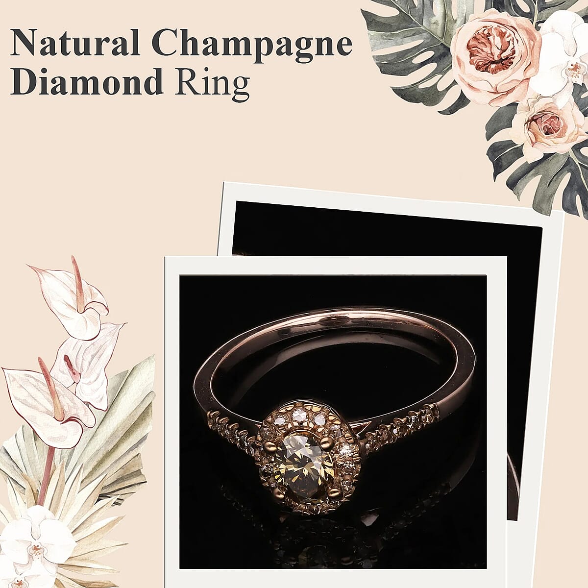 Luxoro Natural Champagne Diamond Ring, 10K Rose Gold Ring, Natural Champagne Diamond Oval Shape Ring, Halo Ring, Wedding Ring, Engagement Ring 1.00 ctw (Size 7.00) image number 1