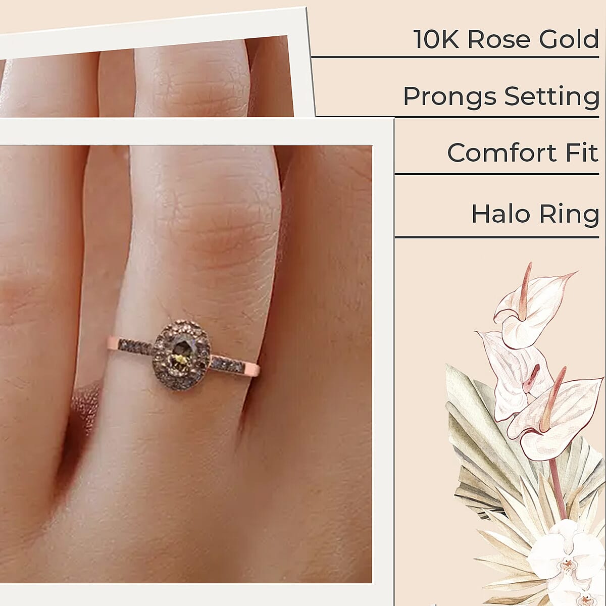 Luxoro Natural Champagne Diamond Ring, 10K Rose Gold Ring, Natural Champagne Diamond Oval Shape Ring, Halo Ring, Wedding Ring, Engagement Ring 1.00 ctw (Size 7.00) image number 2
