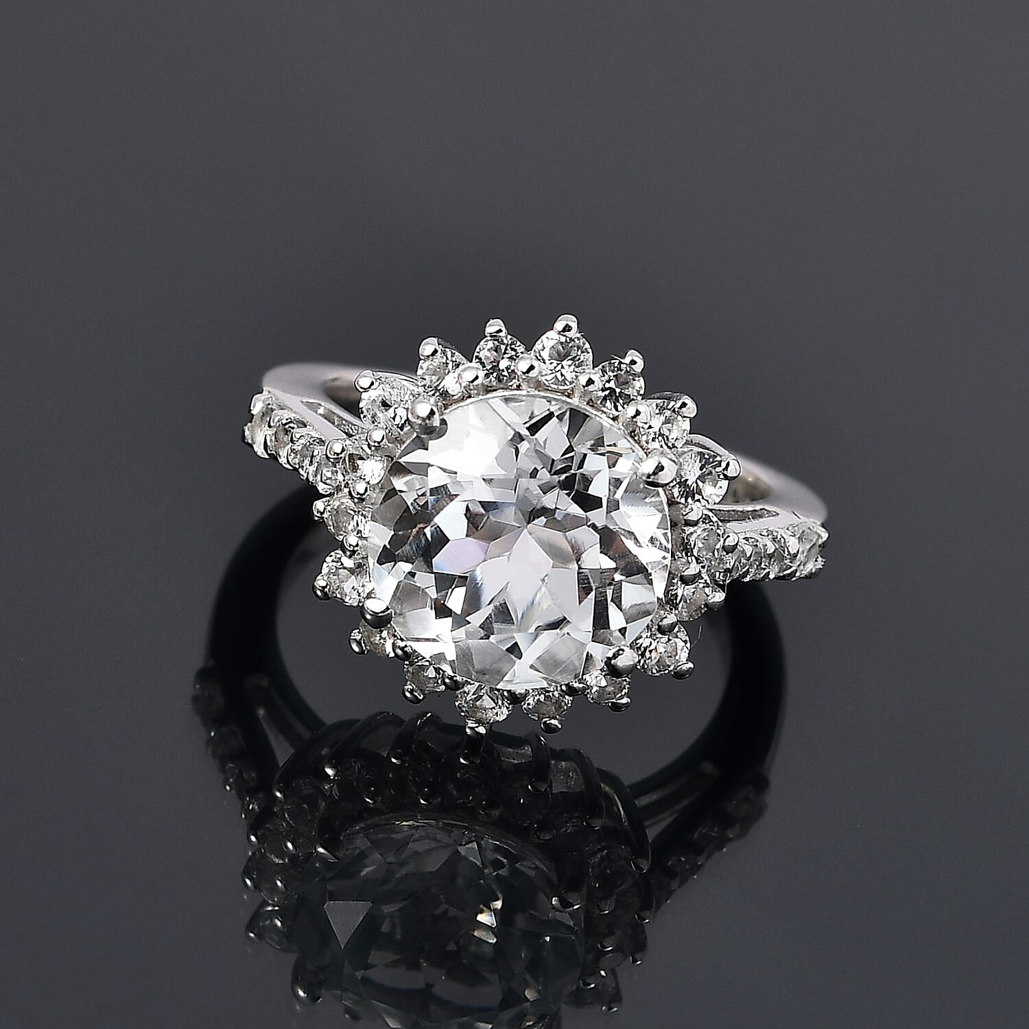 White Topaz Sunburst Ring in Platinum Over Sterling Silver (Size 10.0) 5.50 ctw
