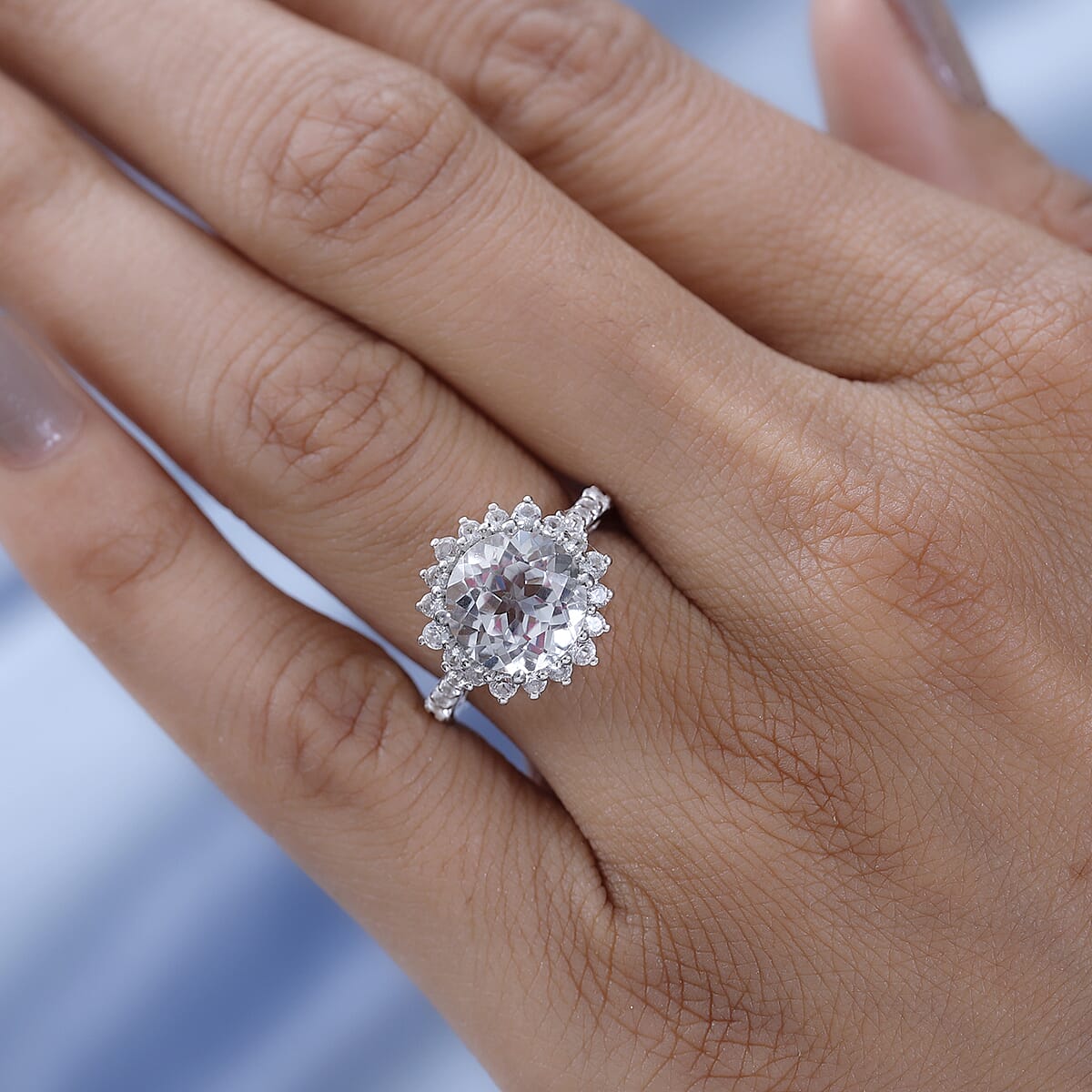 White Topaz Sunburst Ring in Platinum Over Sterling Silver (Size 6.0) 5.50 ctw image number 2