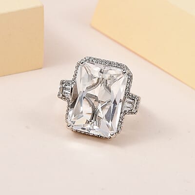 Radiant Cut White Topaz Ring in Platinum Over Sterling Silver (Size 7.0) 18.60 ctw