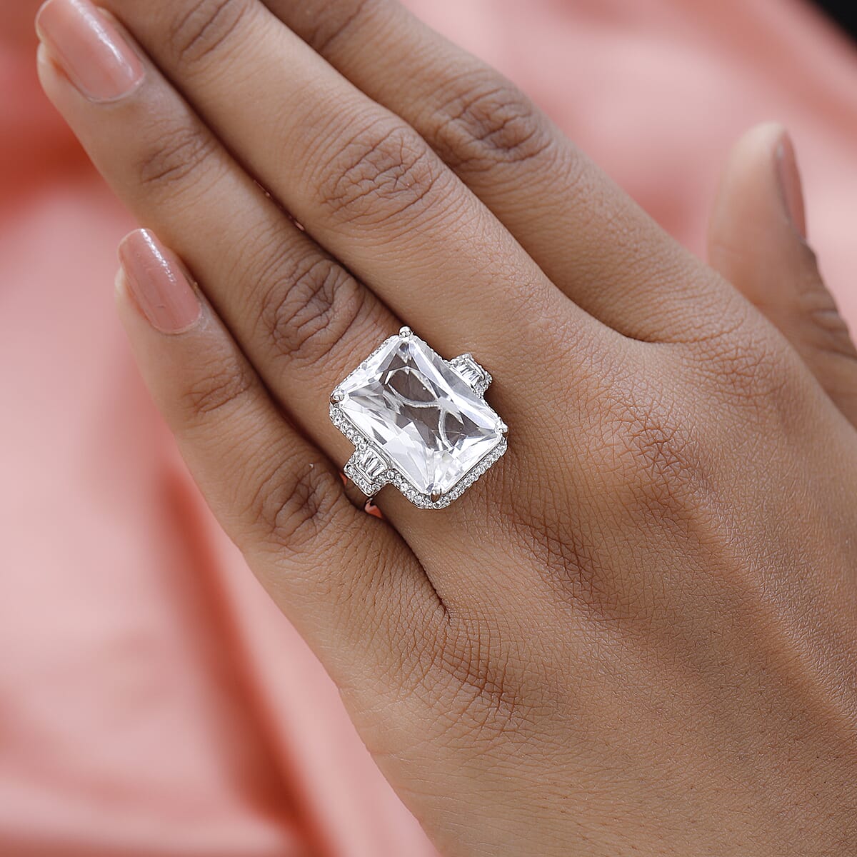 Radiant Cut White Topaz Ring in Platinum Over Sterling Silver (Size 9.0) 18.60 ctw image number 2