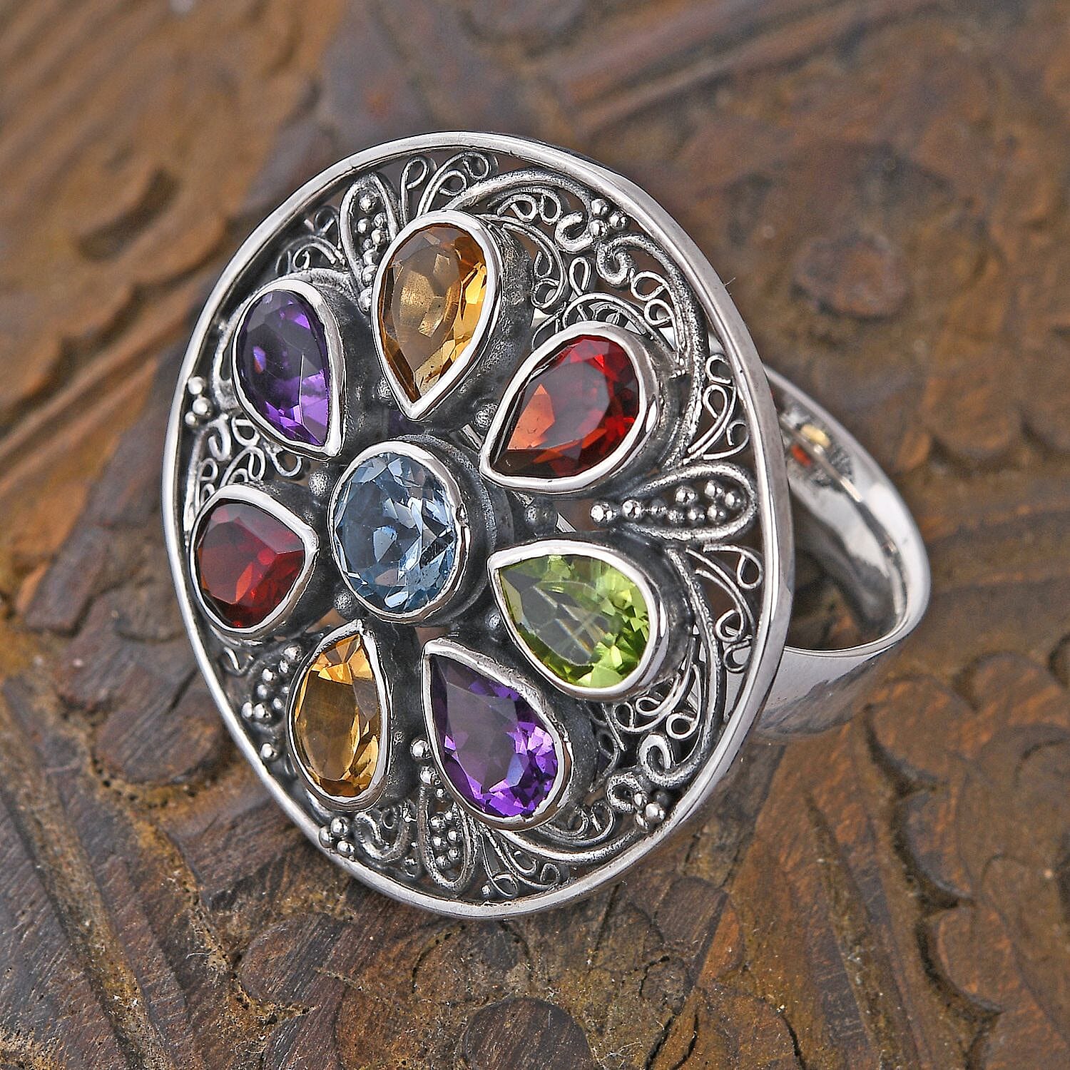 Bali Legacy Multi Gemstone Floral Ring in Sterling Silver (Size 6.0) 4.00 ctw