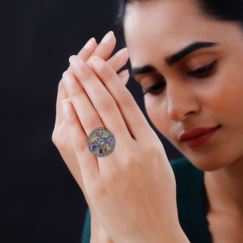 Bali Legacy Multi Gemstone Floral Ring in Sterling Silver (Size 6.0) 4.00 ctw