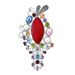 Bali Legacy Red Coral, Multi Gemstone Floral Brooch in Sterling Silver 21.35 ctw