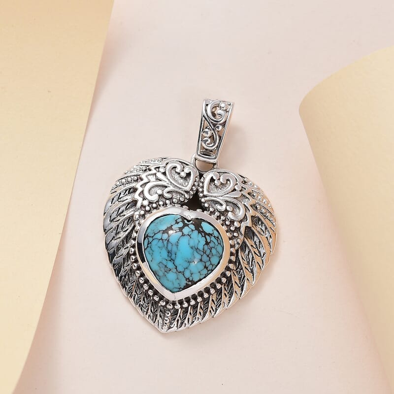 Artisan Crafted Blue Moon Turquoise Heart Pendant in Sterling Silver 5.25 ctw