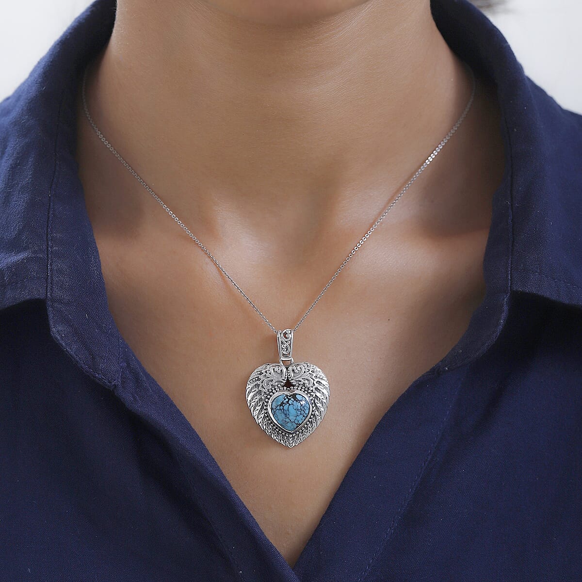 Artisan Crafted Blue Moon Turquoise Heart Pendant in Sterling Silver 5.25 ctw image number 2