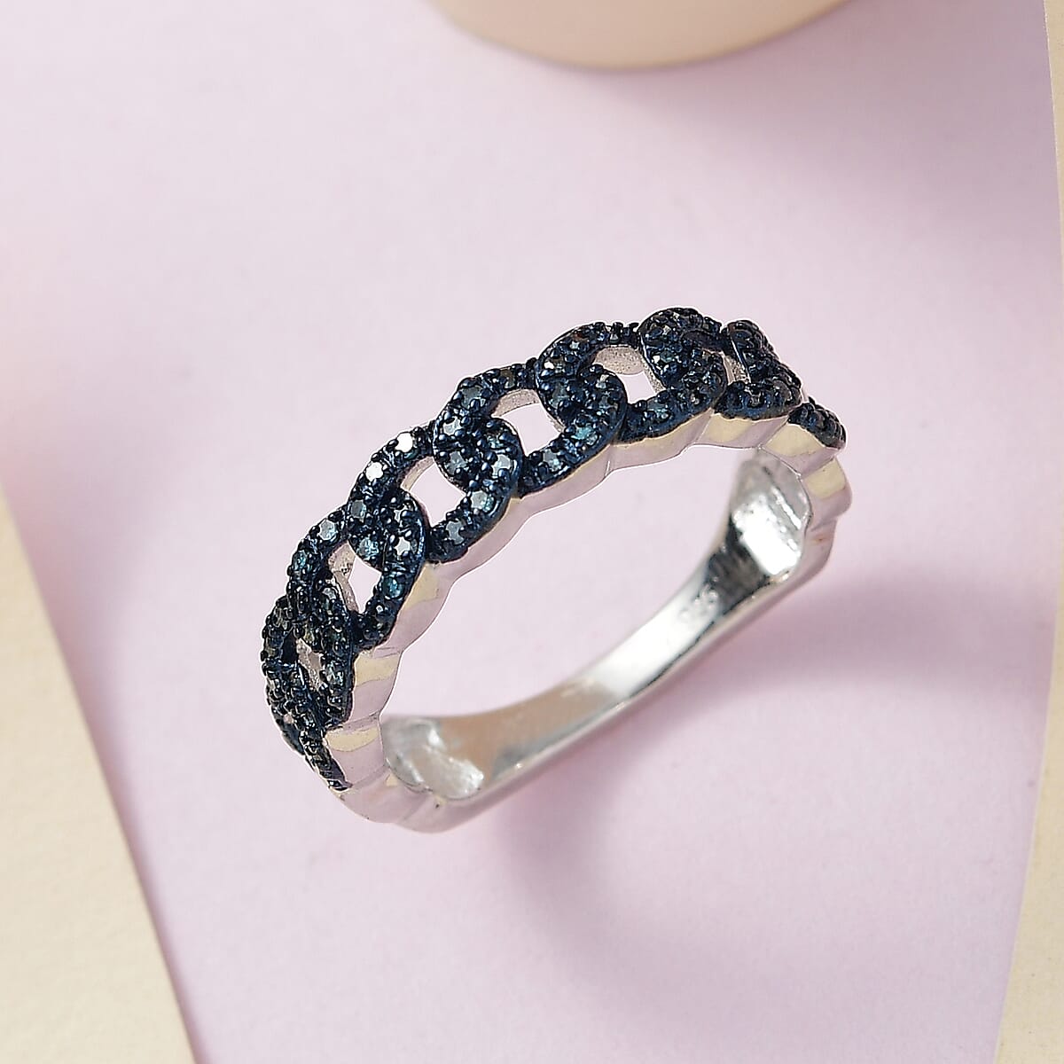 Blue Diamond Curb Chain Band Ring in Platinum Over Sterling Silver (Size 9.0) 0.33 ctw image number 1