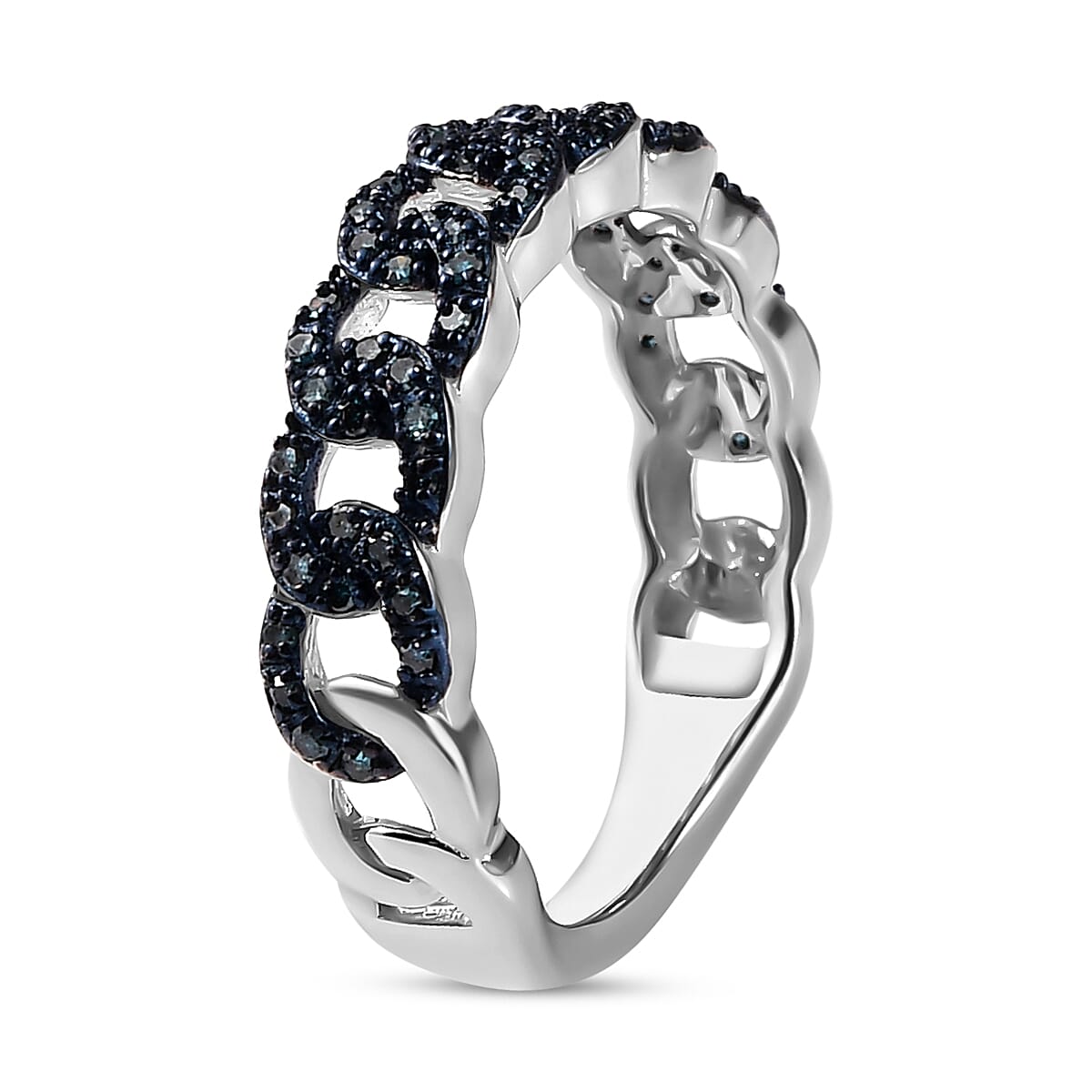 Blue Diamond Curb Chain Band Ring in Platinum Over Sterling Silver (Size 9.0) 0.33 ctw image number 3