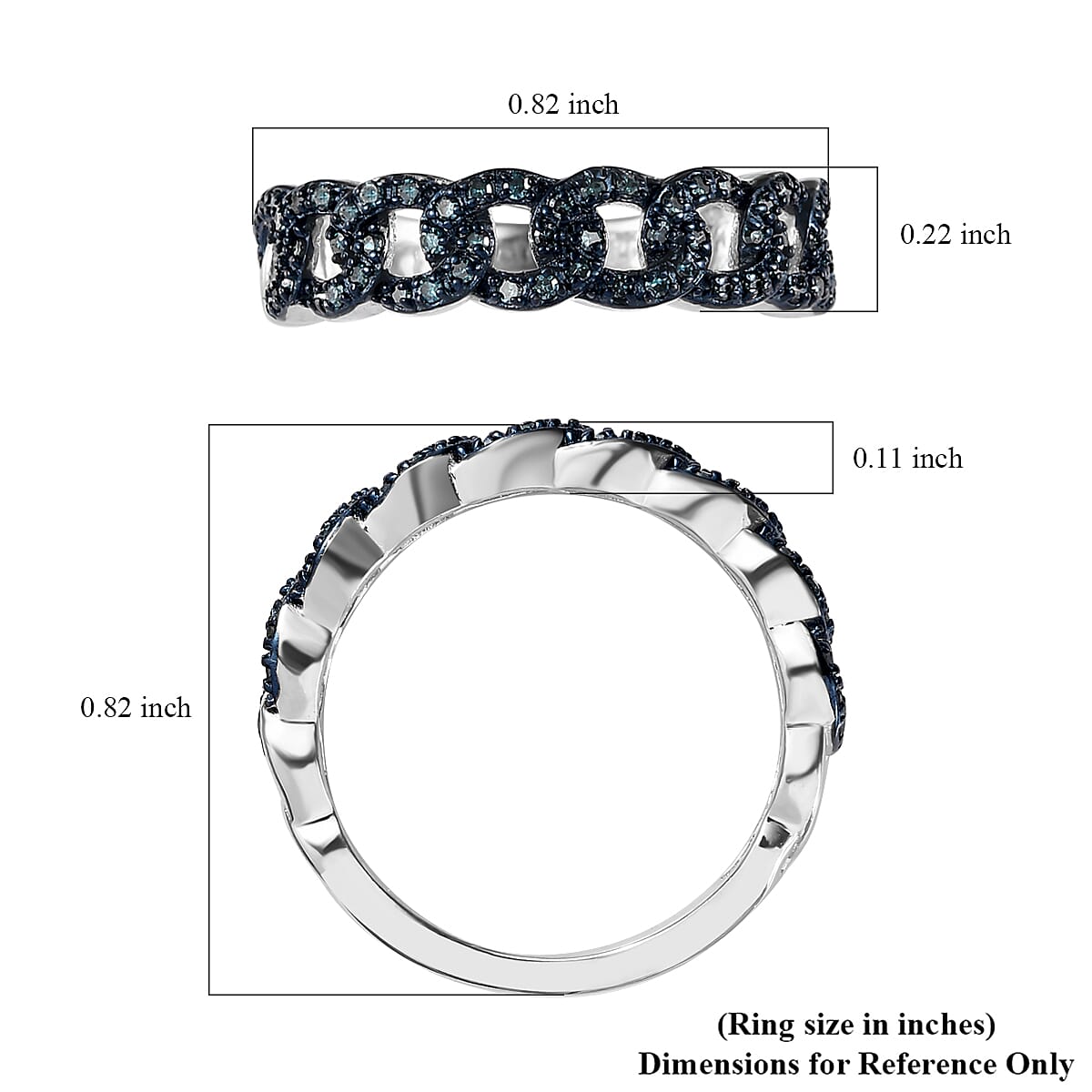 Blue Diamond Curb Chain Band Ring in Platinum Over Sterling Silver (Size 9.0) 0.33 ctw image number 5