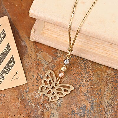 14K Yellow Gold Diamond Cut Bead and Butterfly Necklace 17 Inches 2.85 Grams