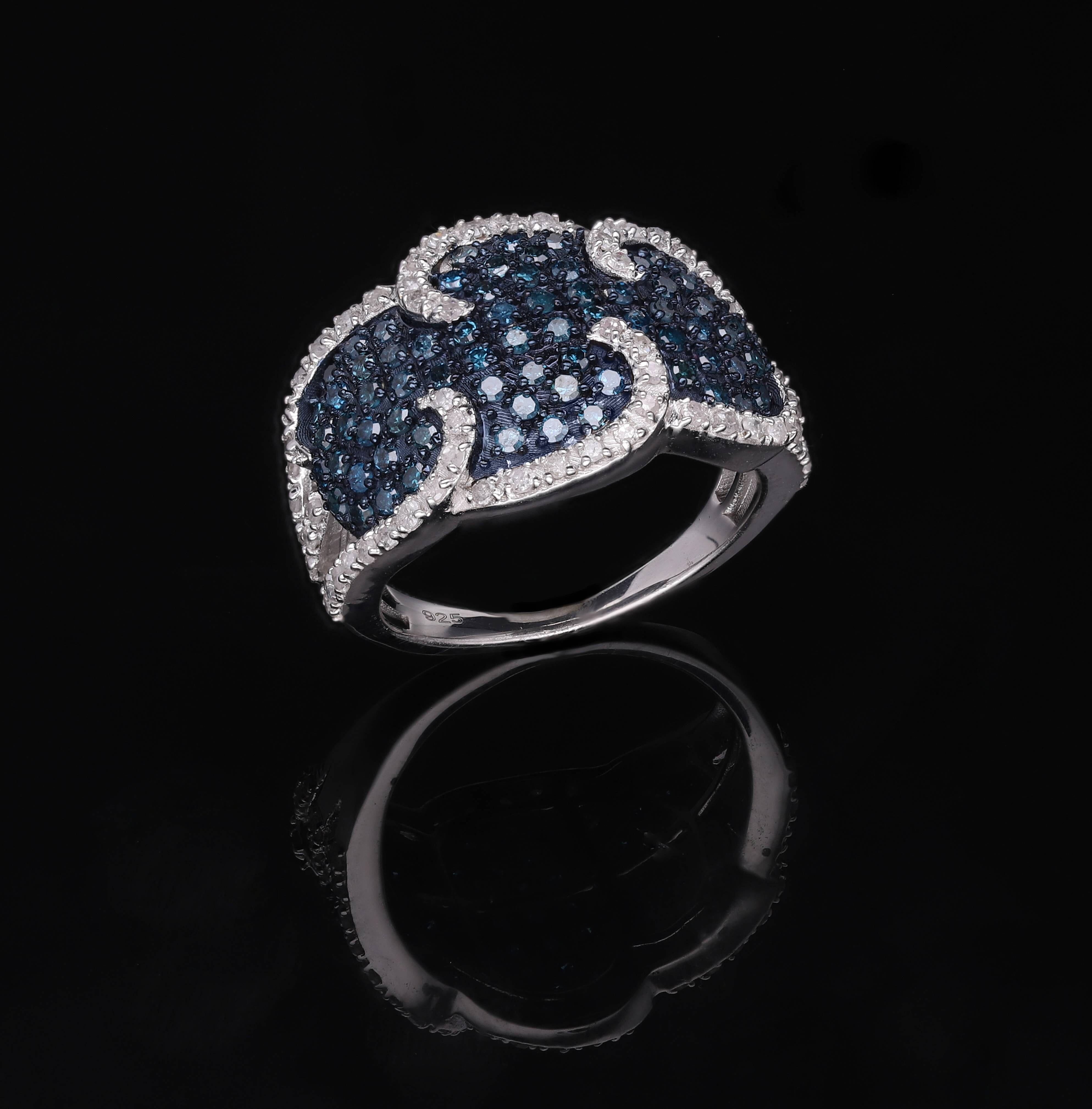 Blue and White Diamond 1.00 ctw Ring in Platinum Over Sterling Silver (Size 8.0)