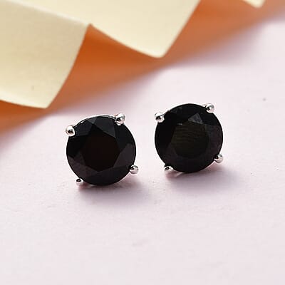Thai Black Spinel Solitaire Stud Earrings in Sterling Silver 6.50 ctw