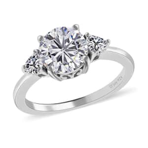 Moissanite 3 Stone Ring in Platinum Over Sterling Silver (Size 10.0) 2.10 ctw (Del. in 5-7 Days)