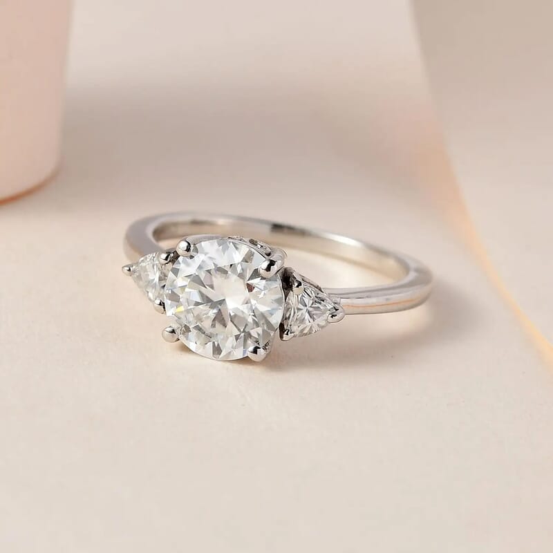 Moissanite 2.10 ctw Trilogy Ring, Moissanite Ring, Three Stone Ring, Platinum Over Sterling Silver Ring (Size 10.0)