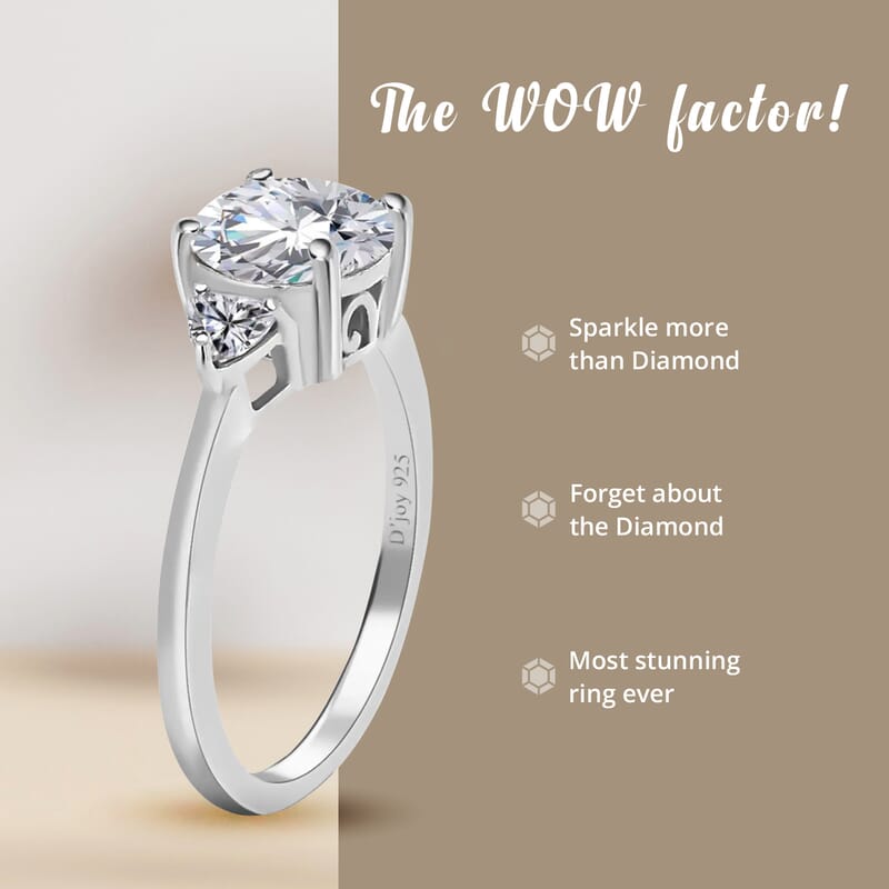 Moissanite 2.10 ctw Trilogy Ring, Moissanite Ring, Three Stone Ring, Platinum Over Sterling Silver Ring (Size 10.0)