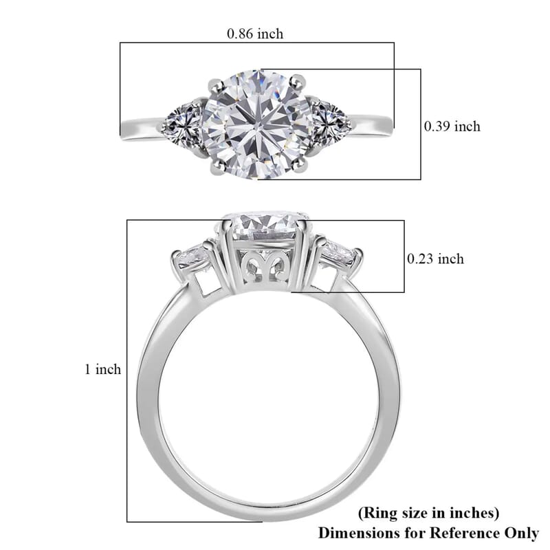 Moissanite 2.10 ctw Trilogy Ring, Moissanite Ring, Three Stone Ring, Platinum Over Sterling Silver Ring (Size 10.0)