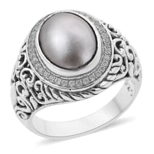 Bali Legacy White Mabe Pearl and White Zircon Floral Ring in Sterling Silver (Size 9.0) 0.35 ctw