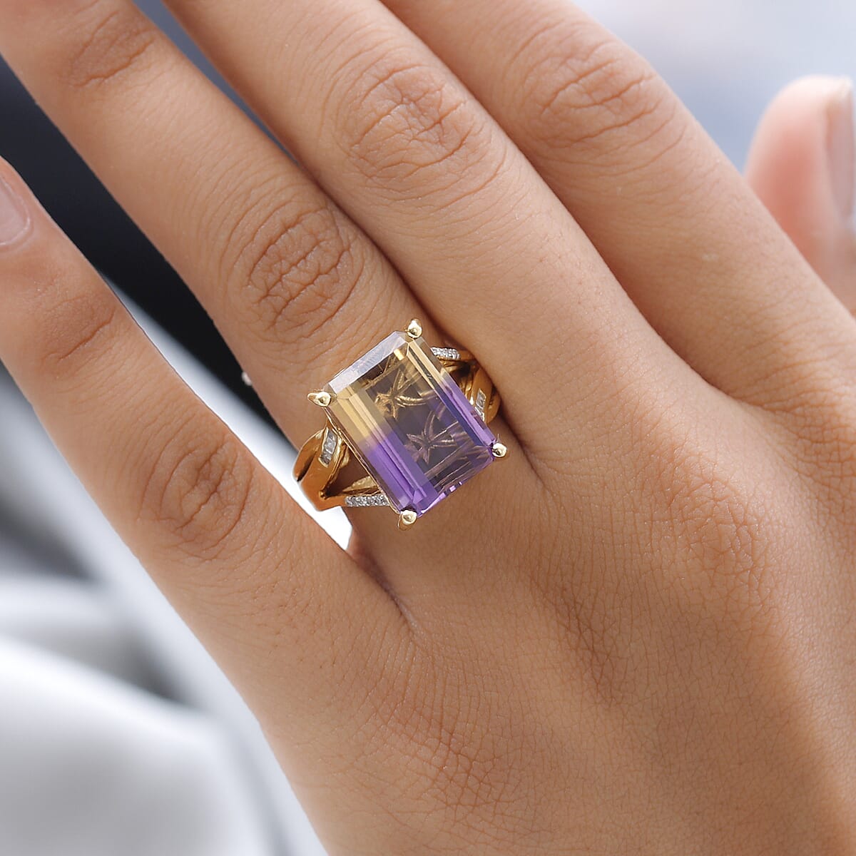 AAA Anahi Ametrine and Diamond Split Shank Ring in Vermeil Yellow Gold Over Sterling Silver (Size 8.0) 11.90 ctw image number 2