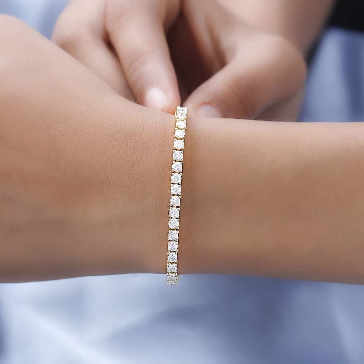 Moissanite 5.20 ctw Tennis Bracelet, Moissanite Bracelet, Line Bracelet, Vermeil Yellow Gold Over Sterling Silver Bracelet (7.25 In) image number 6