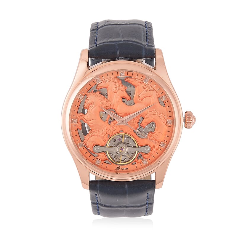 Genoa White Diamond Automatic Mechanical Movement Horse Pattern Watch in Rosetone with Navy Blue Leather Strap (44.20mm) (7.00-9.00 Inches) 0.10 ctw