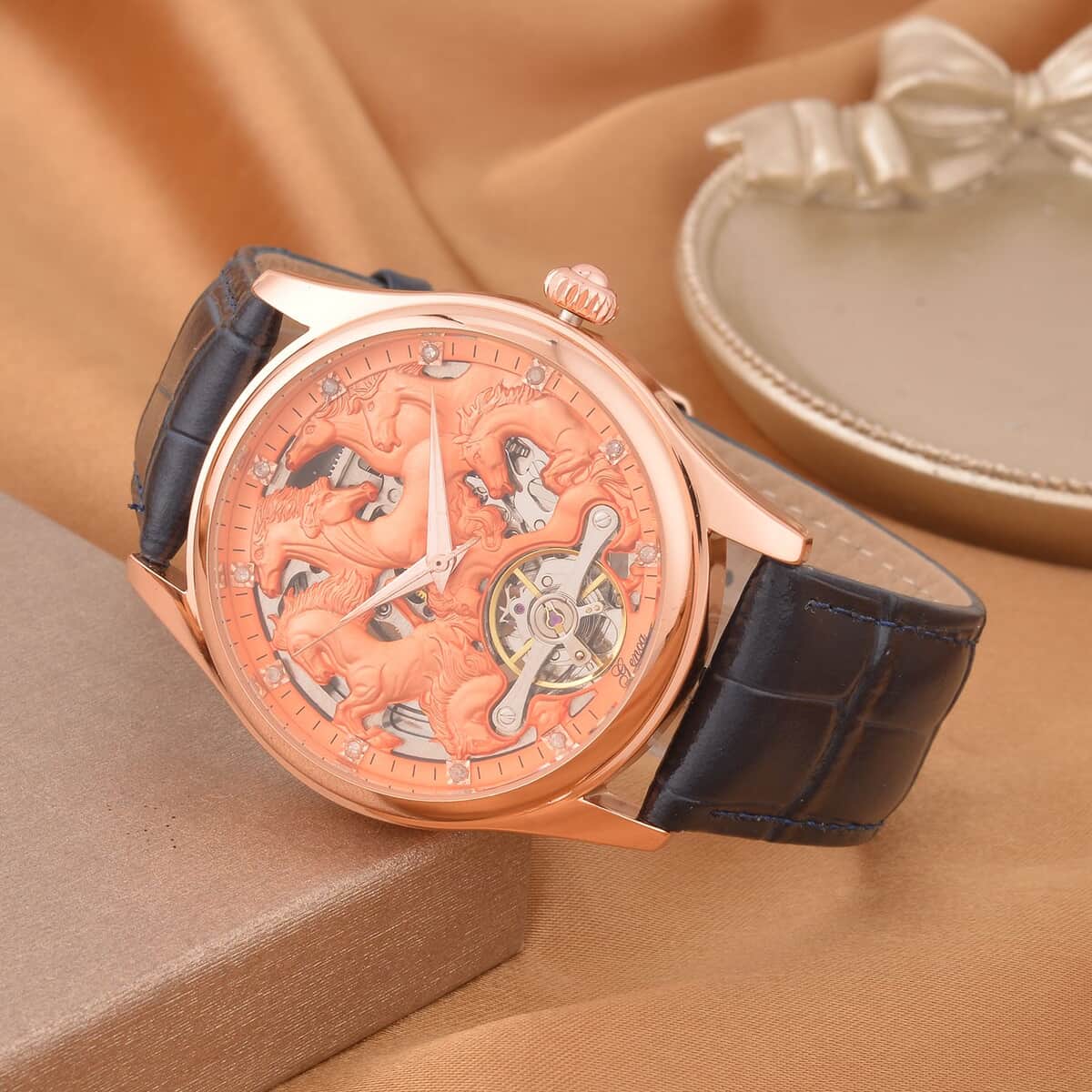 GENOA White Diamond Automatic Mechanical Movement Horse Pattern Watch in Rosetone with Navy Blue Leather Strap (44.20mm) (7.00-9.00 Inches) 0.10 ctw image number 1