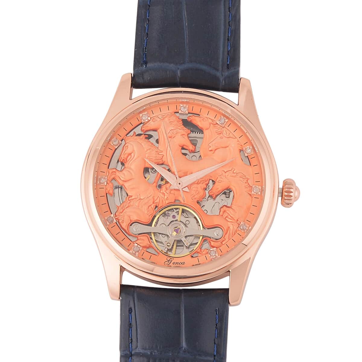GENOA White Diamond Automatic Mechanical Movement Horse Pattern Watch in Rosetone with Navy Blue Leather Strap (44.20mm) (7.00-9.00 Inches) 0.10 ctw image number 3