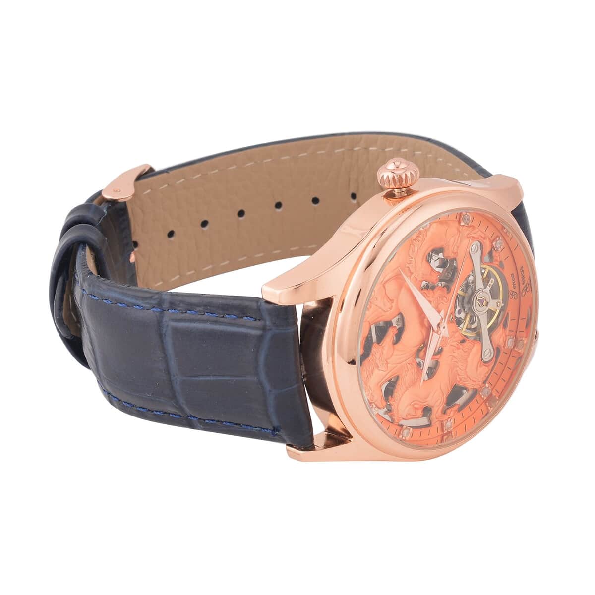 GENOA White Diamond Automatic Mechanical Movement Horse Pattern Watch in Rosetone with Navy Blue Leather Strap (44.20mm) (7.00-9.00 Inches) 0.10 ctw image number 4