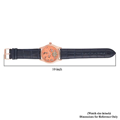 Genoa White Diamond Automatic Mechanical Movement Horse Pattern Watch in Rosetone with Navy Blue Leather Strap (44.20mm) (7.00-9.00 Inches) 0.10 ctw