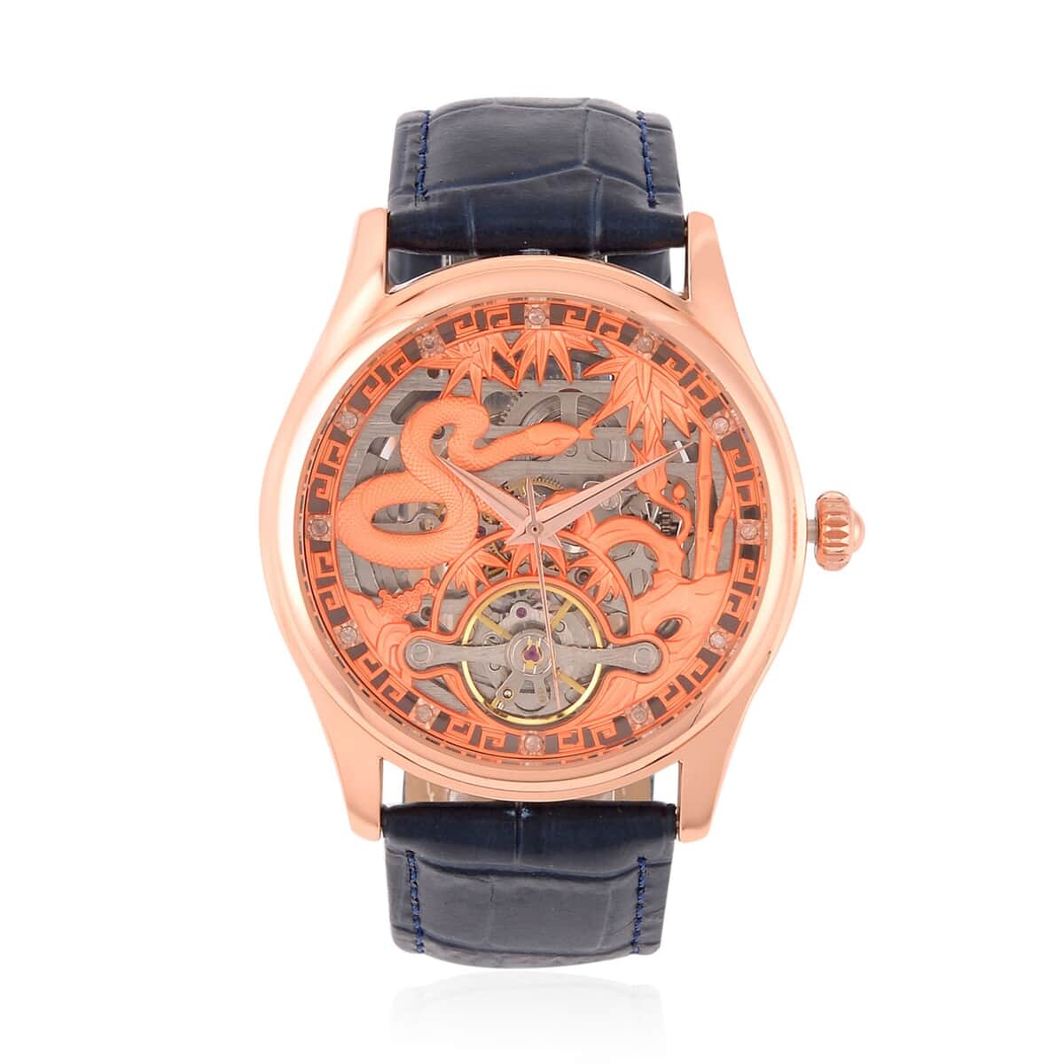 GENOA White Diamond Automatic Mechanical Movement Snake Pattern Watch in Rosetone with Navy Blue Leather Strap (44.20mm) (7.00-9.00 Inches) 0.10 ctw image number 0