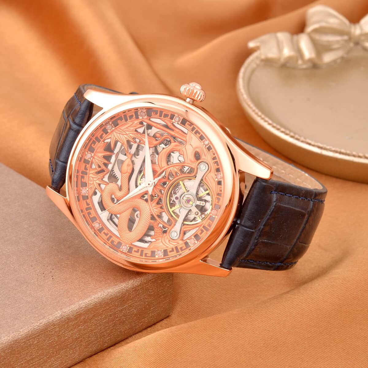 GENOA White Diamond Automatic Mechanical Movement Snake Pattern Watch in Rosetone with Navy Blue Leather Strap (44.20mm) (7.00-9.00 Inches) 0.10 ctw image number 1
