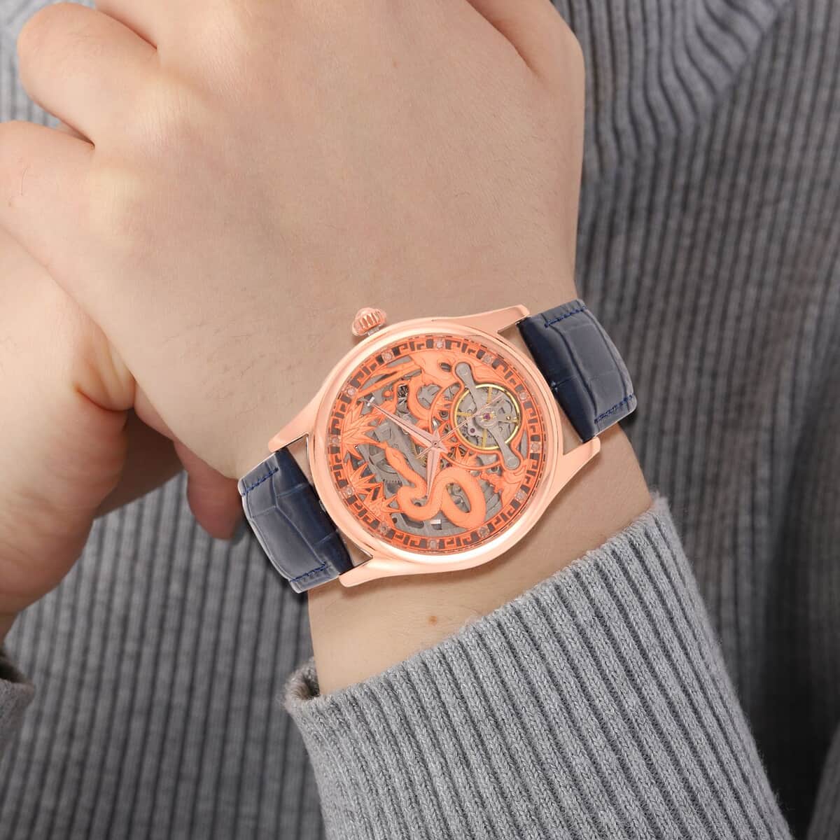 GENOA White Diamond Automatic Mechanical Movement Snake Pattern Watch in Rosetone with Navy Blue Leather Strap (44.20mm) (7.00-9.00 Inches) 0.10 ctw image number 2