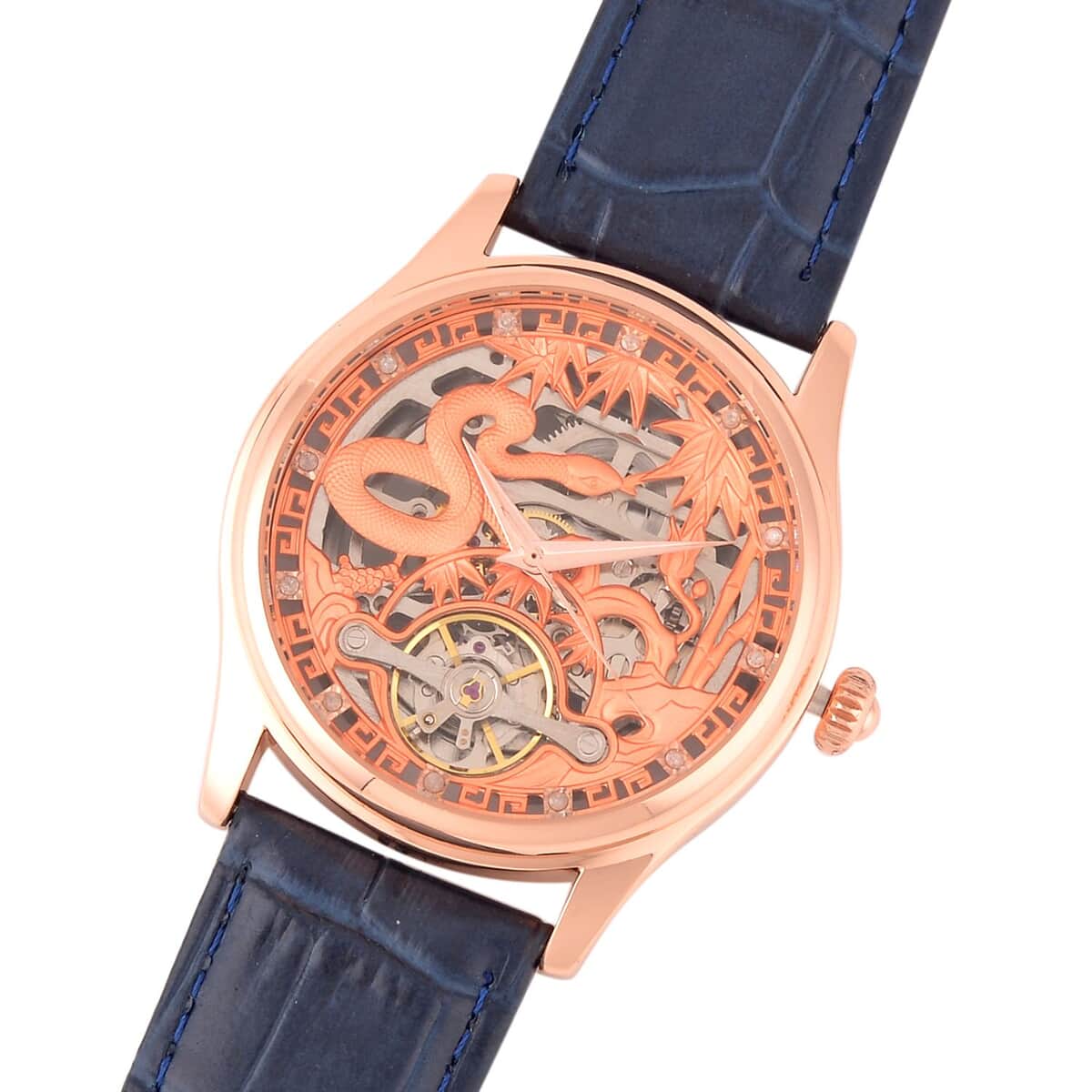GENOA White Diamond Automatic Mechanical Movement Snake Pattern Watch in Rosetone with Navy Blue Leather Strap (44.20mm) (7.00-9.00 Inches) 0.10 ctw image number 3