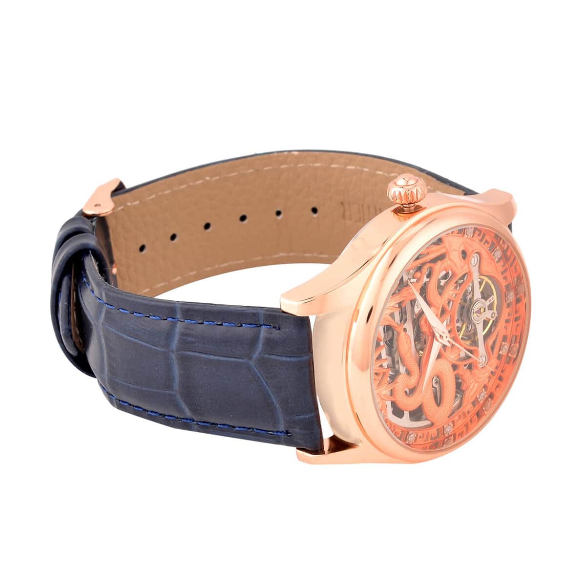 GENOA White Diamond Automatic Mechanical Movement Snake Pattern Watch in Rosetone with Navy Blue Leather Strap (44.20mm) (7.00-9.00 Inches) 0.10 ctw image number 4