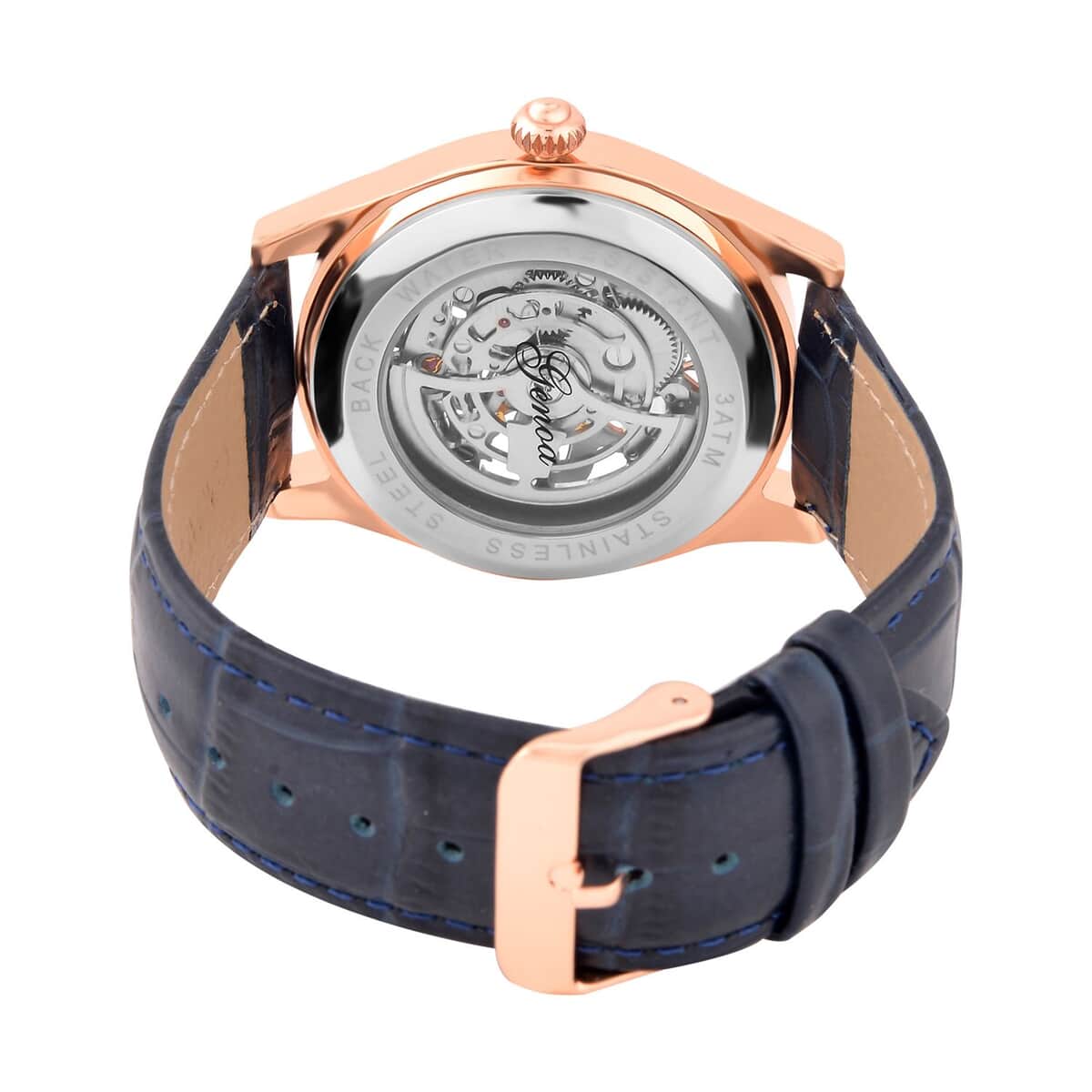 GENOA White Diamond Automatic Mechanical Movement Snake Pattern Watch in Rosetone with Navy Blue Leather Strap (44.20mm) (7.00-9.00 Inches) 0.10 ctw image number 5