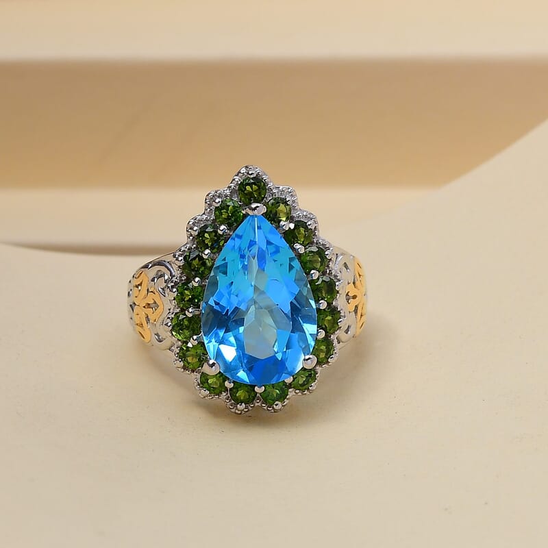 Marambaia Topaz and Chrome Diopside Halo Ring in Vermeil YG and Platinum Over Sterling Silver (Size 10.0) 8.75 ctw