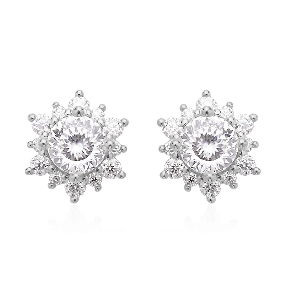 120 Facet Moissanite Sunburst Stud Earrings in Rhodium Over Sterling Silver 1.25 ctw