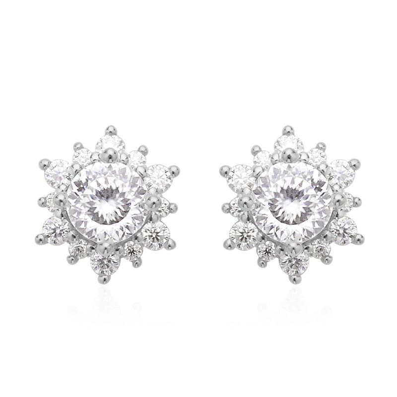 120 Facet Moissanite Sunburst Stud Earrings in Rhodium Over Sterling Silver 1.25 ctw
