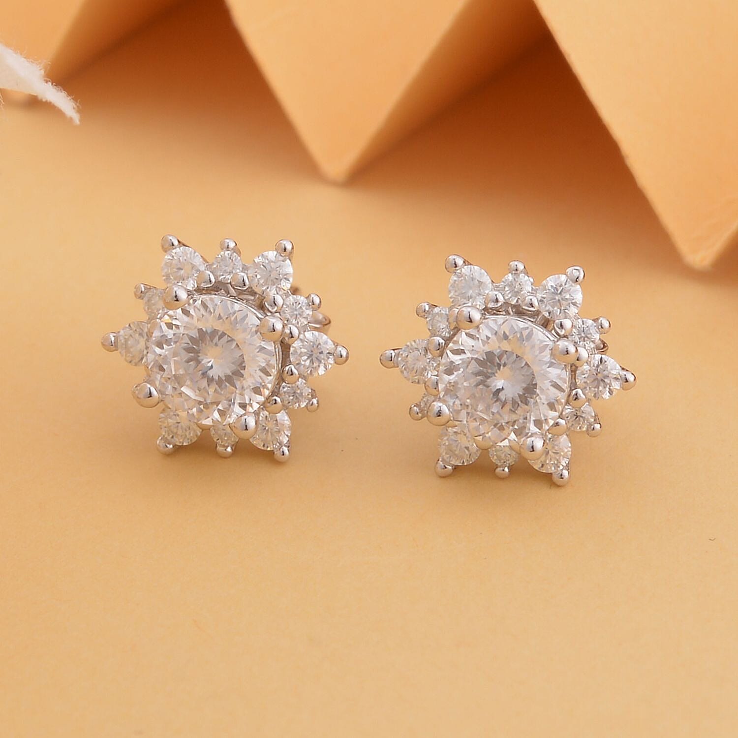 120 Facet Moissanite Sunburst Stud Earrings in Rhodium Over Sterling Silver 1.25 ctw