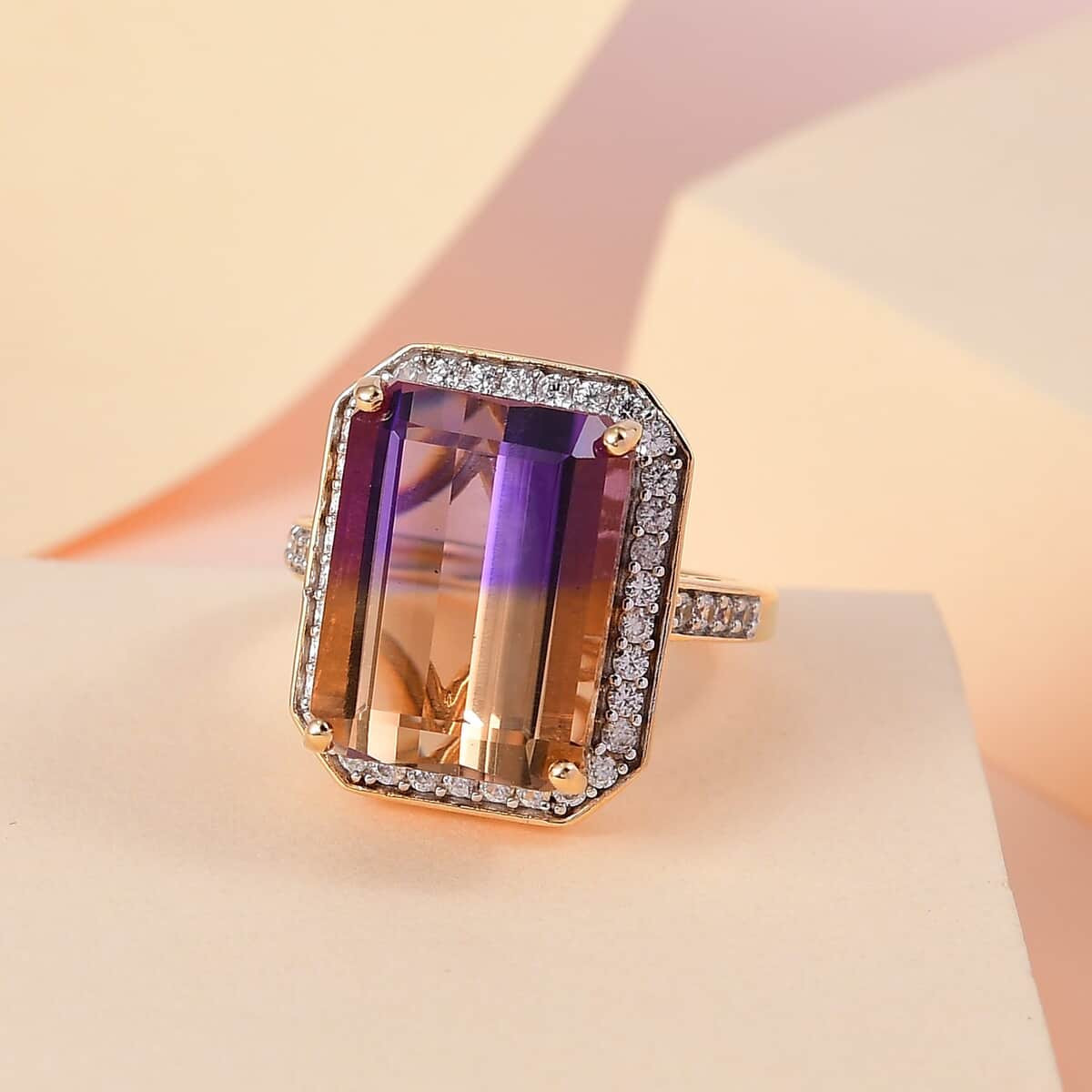 AAA Anahi Ametrine and Natural White Zircon Halo Ring in Vermeil Yellow Gold Over Sterling Silver 12.85 ctw image number 1
