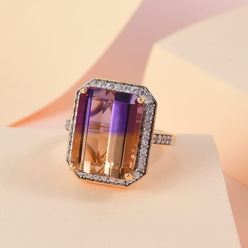 AAA Anahi Ametrine and White Zircon Halo Ring in Vermeil Yellow Gold Over Sterling Silver (Size 10.0) 13.15 ctw