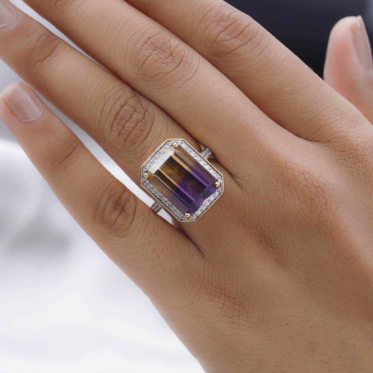 AAA Anahi Ametrine and Natural White Zircon Halo Ring in Vermeil Yellow Gold Over Sterling Silver 12.85 ctw image number 2