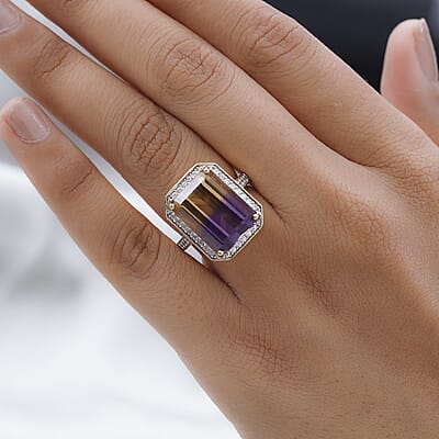 AAA Anahi Ametrine and White Zircon Halo Ring in Vermeil Yellow Gold Over Sterling Silver (Size 10.0) 13.15 ctw
