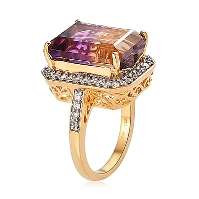 AAA Anahi Ametrine and White Zircon Halo Ring in Vermeil Yellow Gold Over Sterling Silver (Size 10.0) 13.15 ctw
