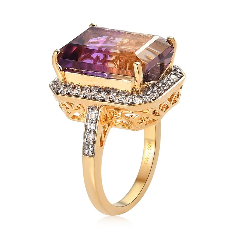 AAA Anahi Ametrine and White Zircon Halo Ring in Vermeil Yellow Gold Over Sterling Silver (Size 10.0) 13.15 ctw
