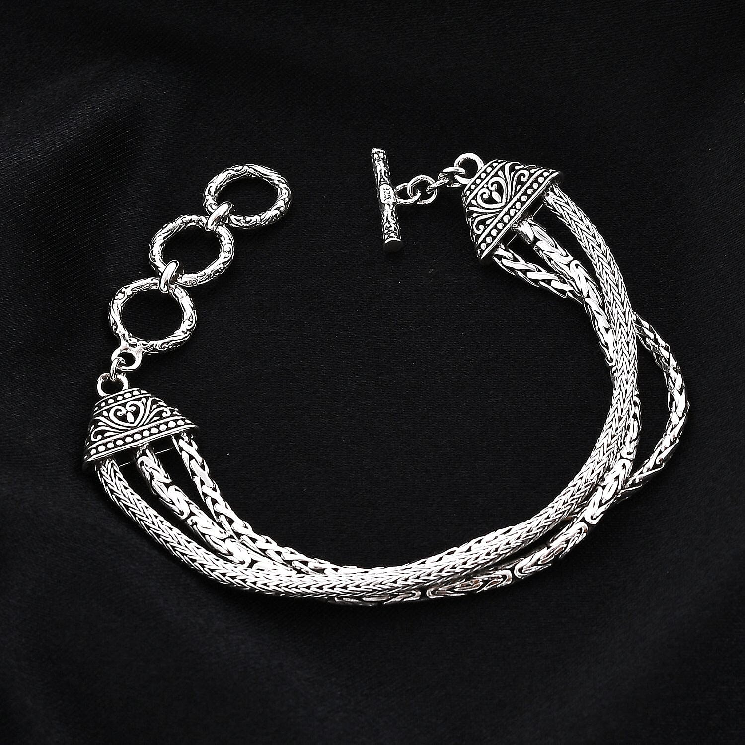 Bali Legacy Sterling Silver 3 Layer Tulang Naga, Borobudur, Padian Bracelet (7.50 In) 22.15 Grams