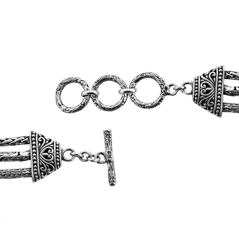 Bali Legacy Sterling Silver 3 Layer Tulang Naga, Borobudur, Padian Bracelet (7.50 In) 22.15 Grams
