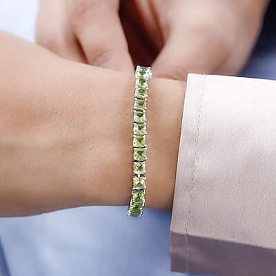 Asscher Cut Arizona Peridot Tennis Bracelet, Platinum Over Sterling Silver Bracelet, Peridot Bracelet, Gifts For Her (6.50 In) 12.40 ctw